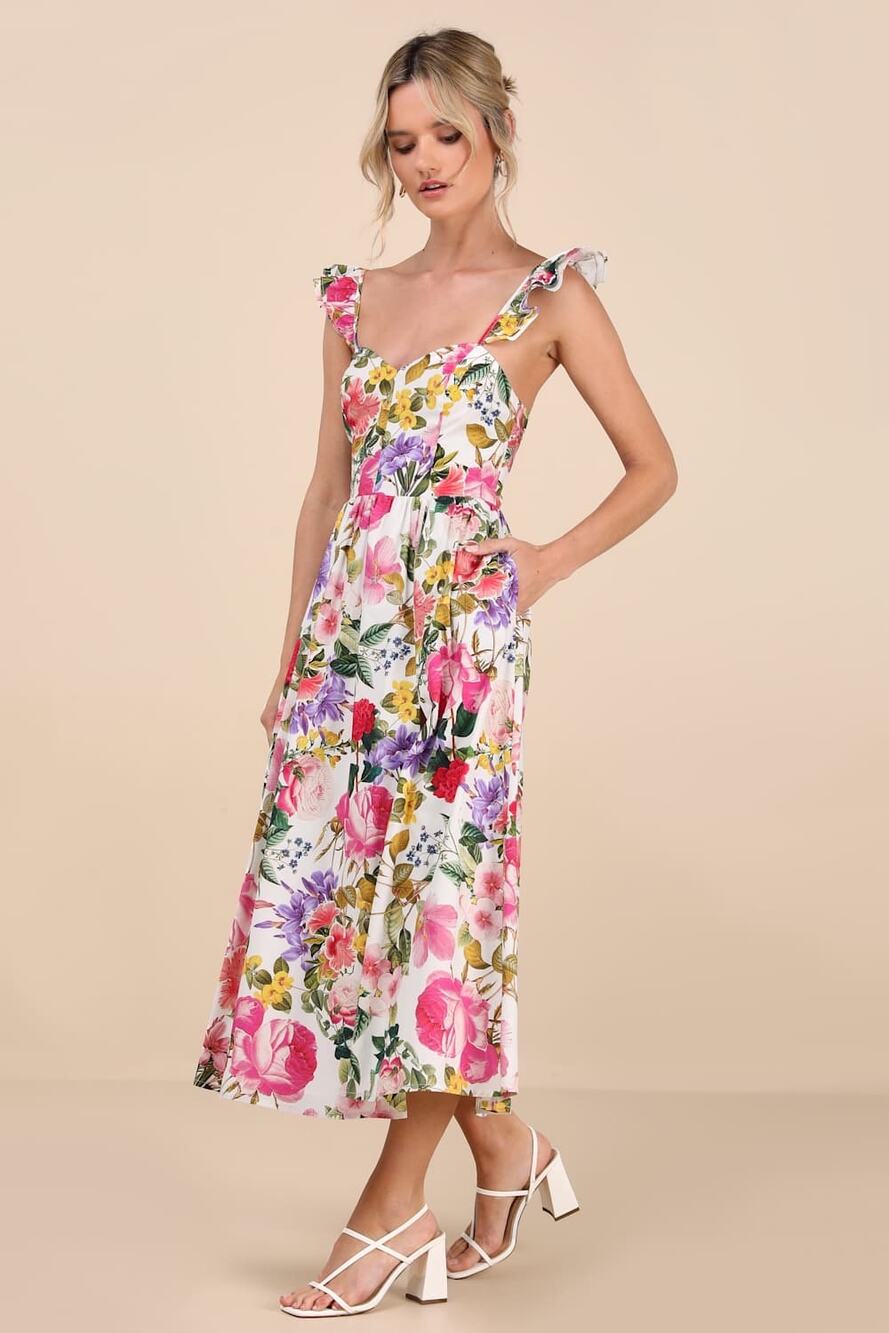 NWOT Lulus Melodie White Multi Floral Ruffled Midi Dress Colorful Resort Size S